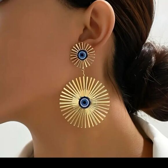 Dazzling Devil Eye Dangle Earrings Stainless Steel Gold Tone - Picture 12 of 12